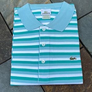 Men’s Lacoste polo, new with tags, size medium, blue, white, and green stripes